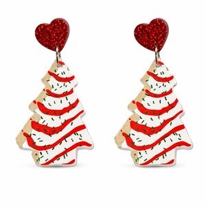 Festive Christmas Tree Cake Earrings with Red Hearts